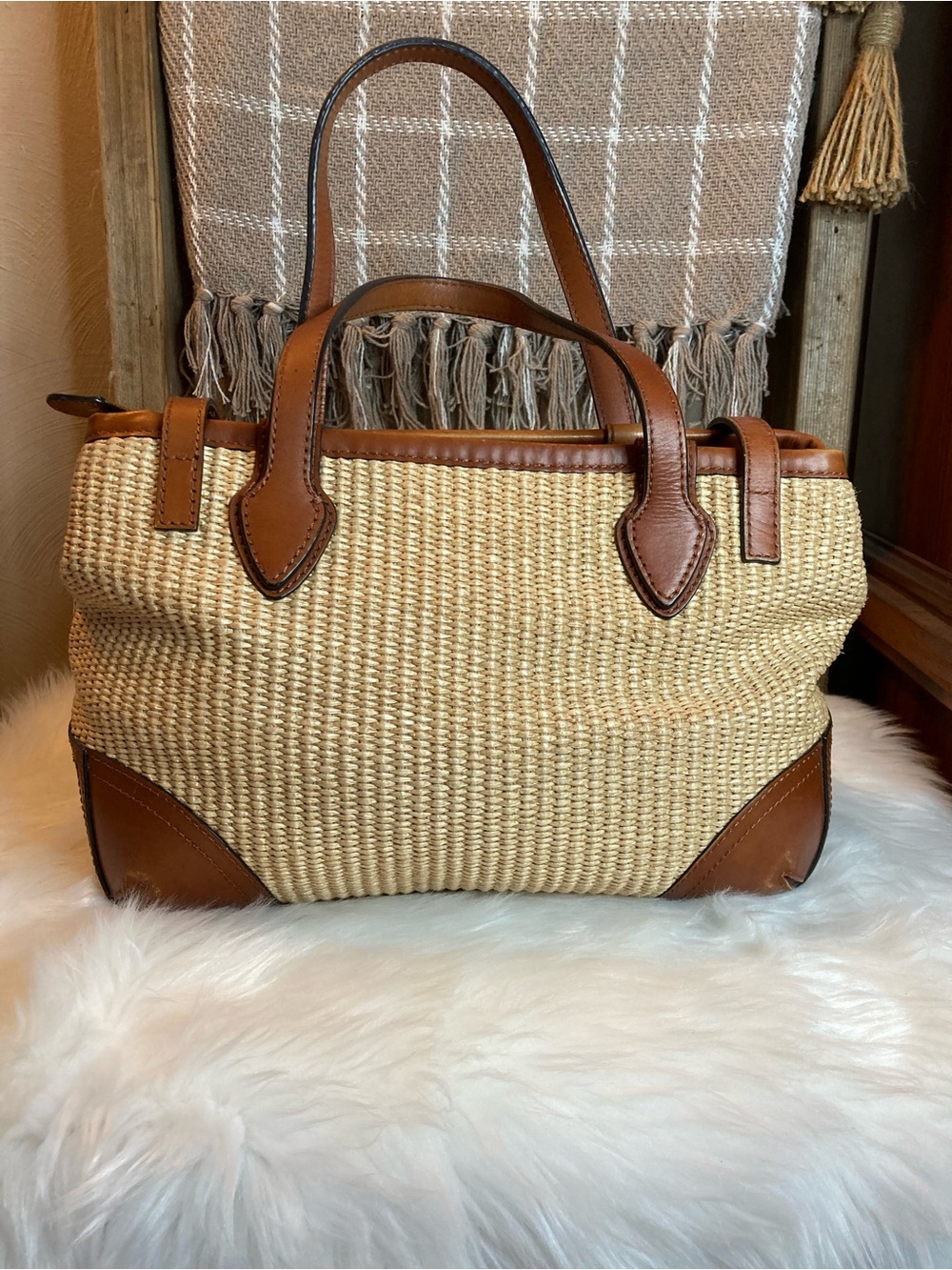 Brooks Brothers Woven Straw Satchel with Brown Leather Trim - Good condition - Picture 3 of 7